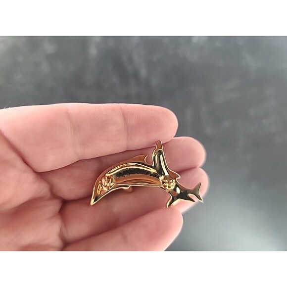 Two Toned Dolphin Shaped Brooch Vintage Costume Jewelry - Picture 3 of 10